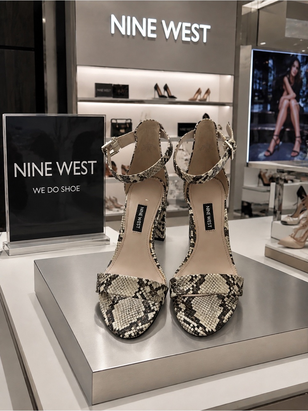 Nine West Snake-Print Ankle Strap Block Heels in Beige and Black